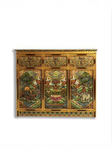 JATAKA TALES HAND-PAINTED CABINET - GREY WITH GOLD EMBELLISHMENTS