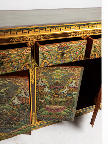 JATAKA TALES HAND-PAINTED CABINET - GREY WITH GOLD EMBELLISHMENTS