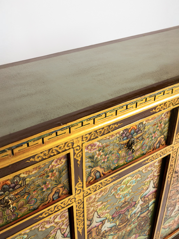 JATAKA TALES HAND-PAINTED CABINET - GREY WITH GOLD EMBELLISHMENTS