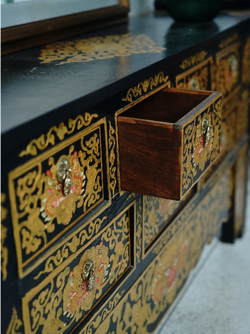 SONAM HANDMADE CONSOLE TABLE - BLACK WITH GOLD PAINTED LOTUS