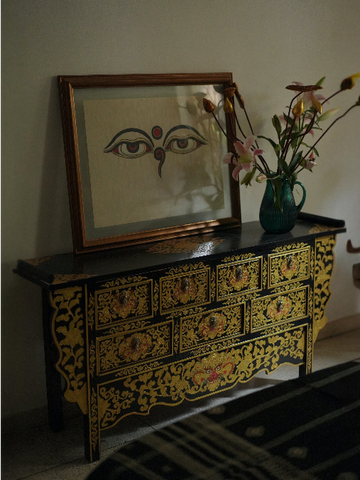 SONAM HANDMADE CONSOLE TABLE - BLACK WITH GOLD PAINTED LOTUS