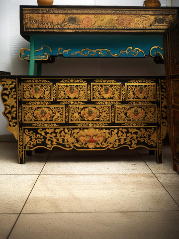 SONAM HANDMADE CONSOLE TABLE - BLACK WITH GOLD PAINTED LOTUS