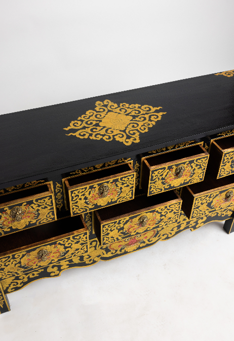 SONAM HANDMADE CONSOLE TABLE - BLACK WITH GOLD PAINTED LOTUS