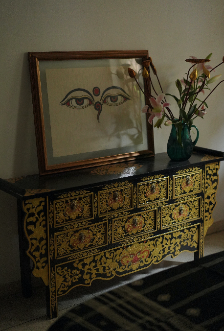 SONAM HANDMADE CONSOLE TABLE - BLACK WITH GOLD PAINTED LOTUS