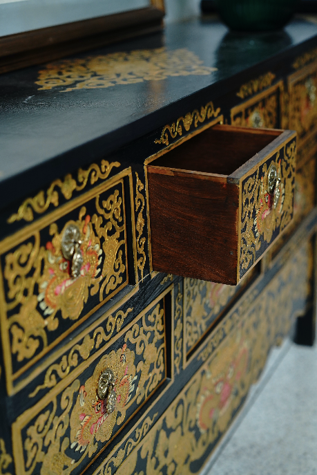 SONAM HANDMADE CONSOLE TABLE - BLACK WITH GOLD PAINTED LOTUS