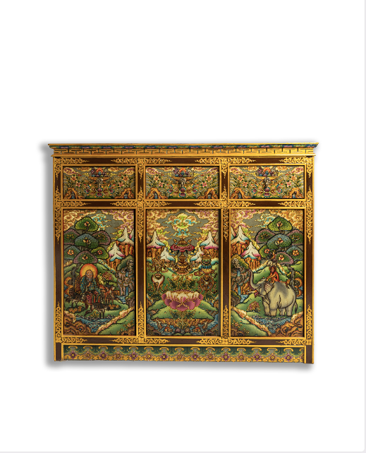 JATAKA TALES HAND-PAINTED CABINET - GREY WITH GOLD EMBELLISHMENTS