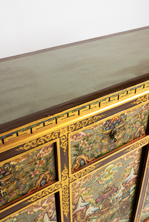 JATAKA TALES HAND-PAINTED CABINET - GREY WITH GOLD EMBELLISHMENTS