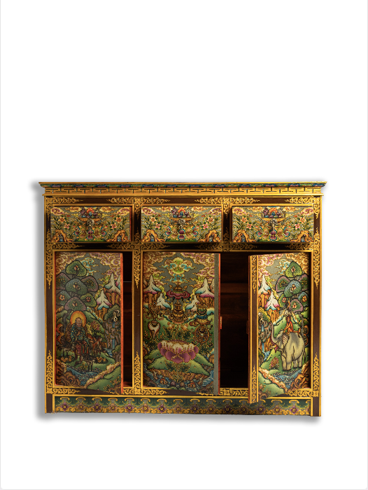 JATAKA TALES HAND-PAINTED CABINET - GREY WITH GOLD EMBELLISHMENTS