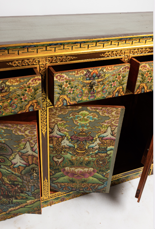 JATAKA TALES HAND-PAINTED CABINET - GREY WITH GOLD EMBELLISHMENTS