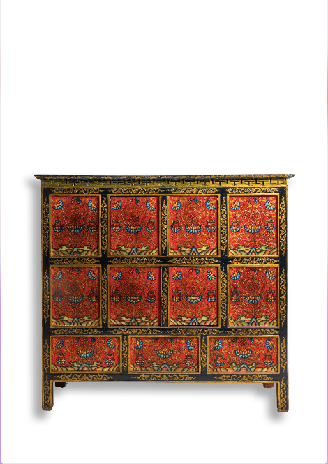 SHAKYA HAND-PAINTED CABINET - RED WITH BLACK BORDER AND BLUE LOTUS