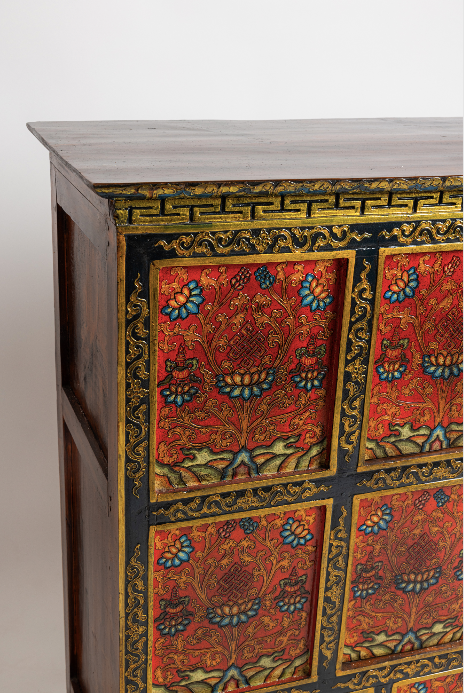 SHAKYA HAND-PAINTED CABINET - RED WITH BLACK BORDER AND BLUE LOTUS