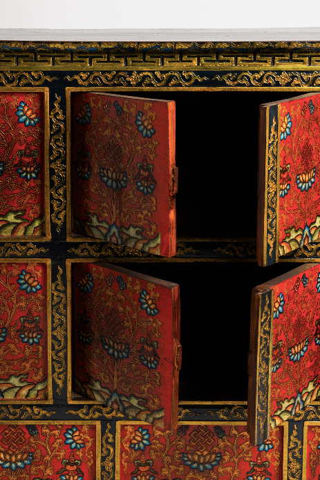 SHAKYA HAND-PAINTED CABINET - RED WITH BLACK BORDER AND BLUE LOTUS