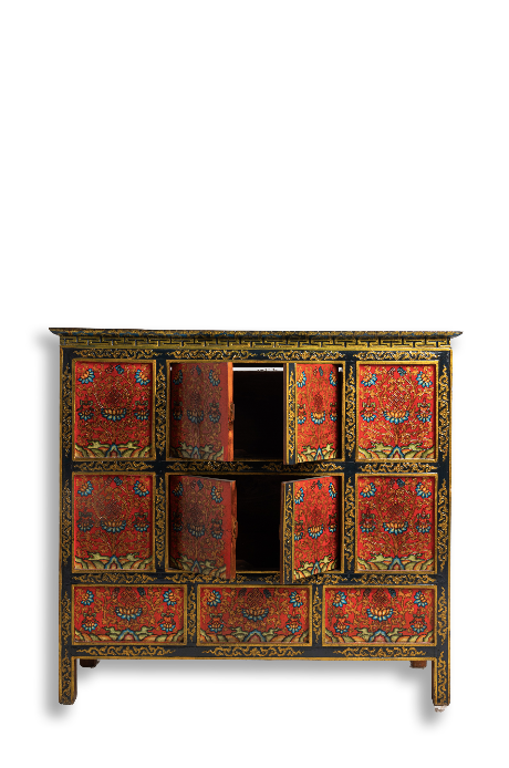 SHAKYA HAND-PAINTED CABINET - RED WITH BLACK BORDER AND BLUE LOTUS