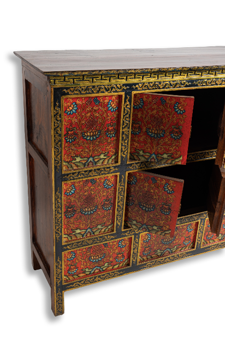 SHAKYA HAND-PAINTED CABINET - RED WITH BLACK BORDER AND BLUE LOTUS